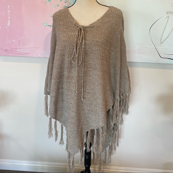 Torrid Fringe Lace Up Front V Neck Poncho Beige - Picture 2 of 8